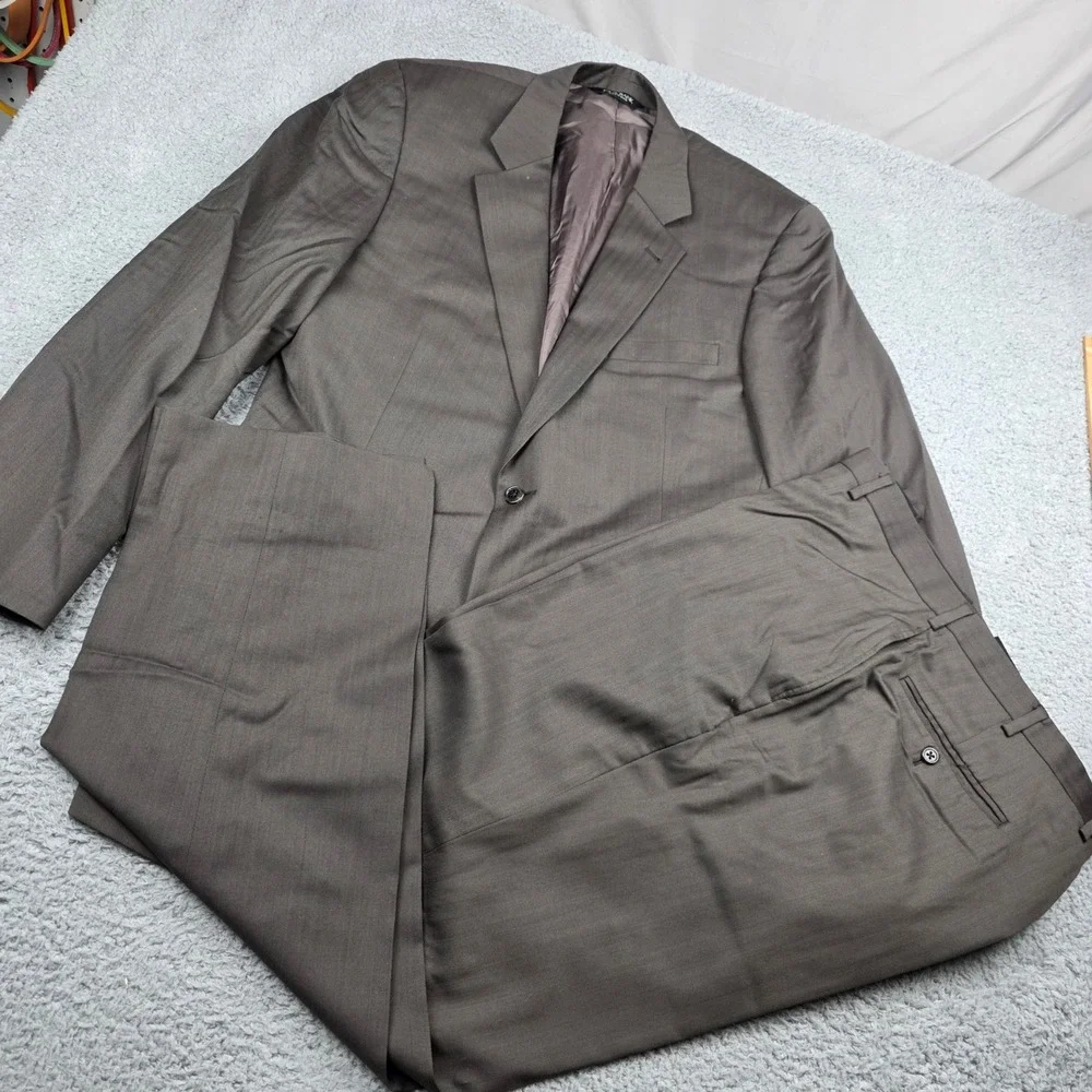Jos A Bank Signature‎ Mens 44L Two Button Wool Suit Set Brown Herringbone 36x31